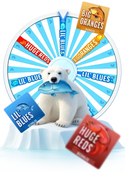 Ice Fishing by Evolution Gaming branding with polar bear and game wheel