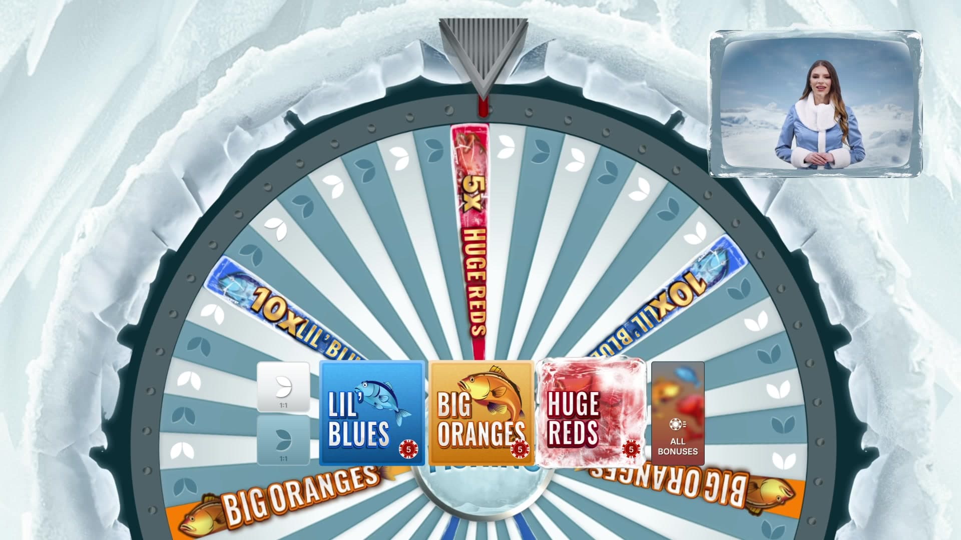 Ice Fishing 53-segment wheel with a 5x multiplier on the Huge Reds segment