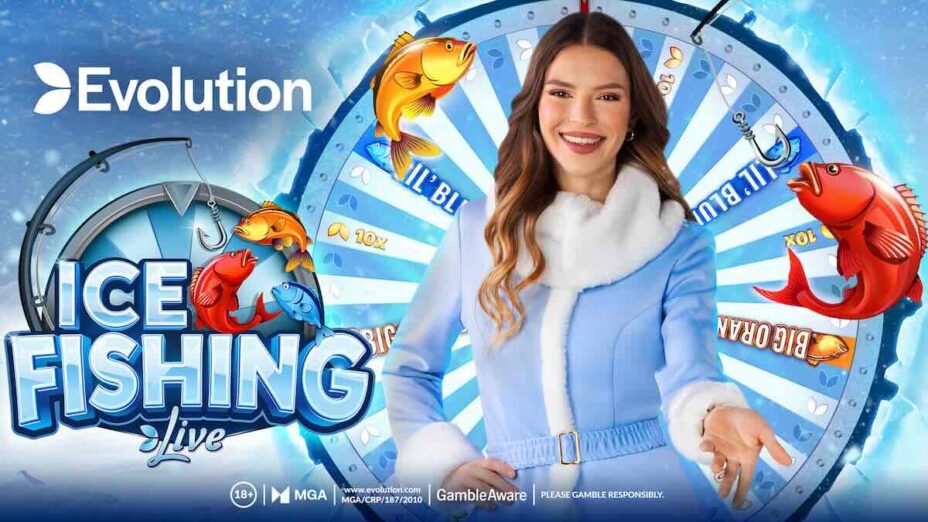 Evolution Gaming Ice Fishing live studio presenter with the game wheel
